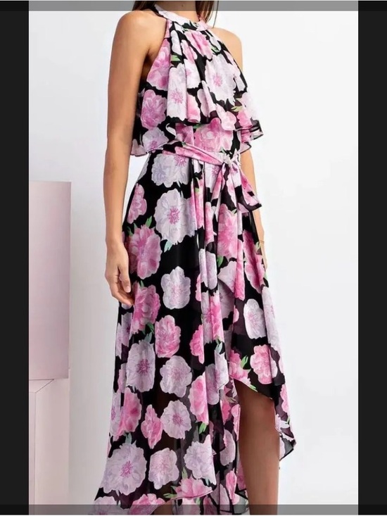 eesome Dresses & Skirts - Floral Halter High-low Dress in Pink on Black
